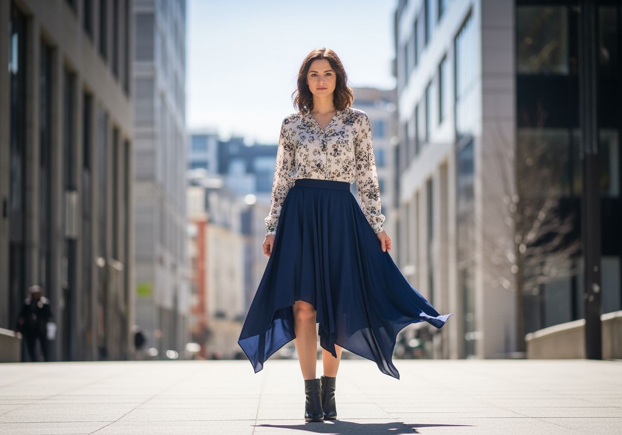 Žena ve městě v sukni a blůze chodí po ulici.