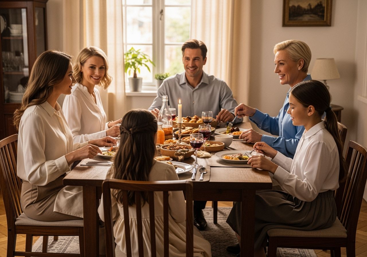 Rodina sedí u stolu a společně si užívá klidný oběd doma.