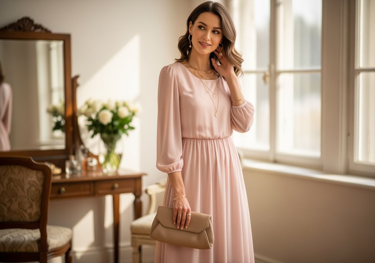 Žena v růžových šatech s náušnicemi a náramkem na ruce stojí před neutrálním pozadím