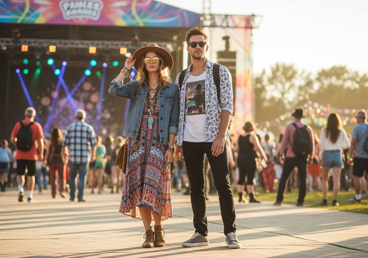 letní festival móda pár stojící venku v módním oblečení