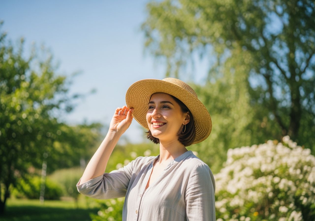 usměvavá žena v klobouku na letním dni venku