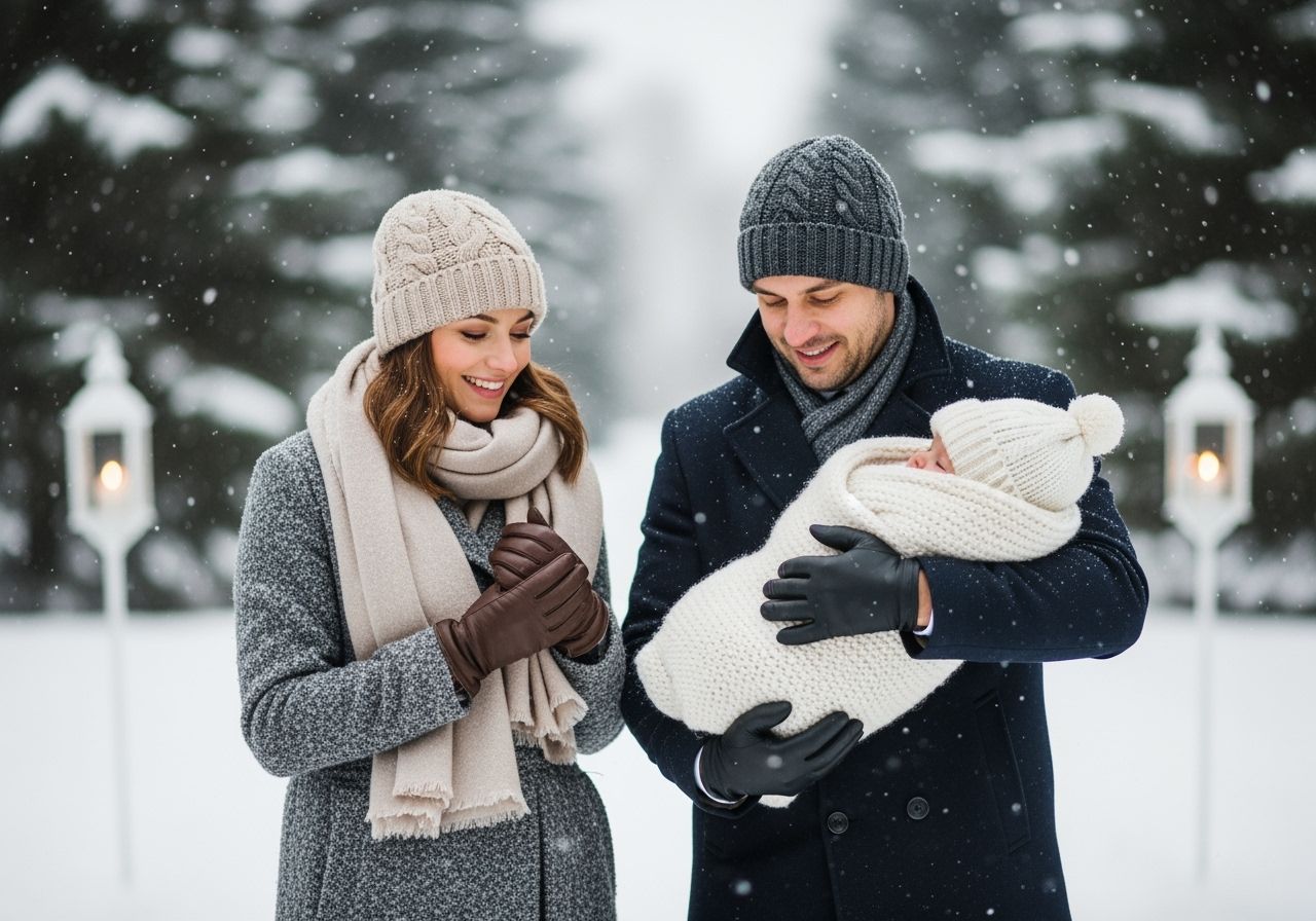 zimní křest rodiny v přírodě u jezera s lesem v pozadí