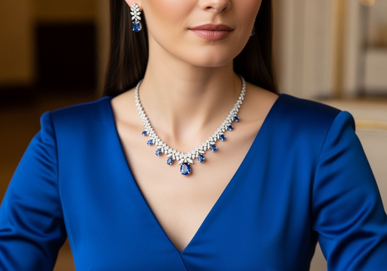 modré saténové šperky uspořádané na elegantním pozadí