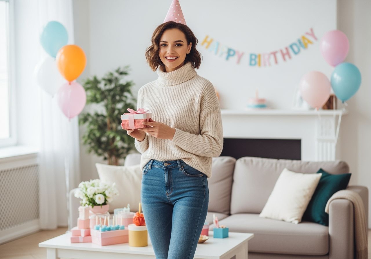 mladá žena drží dárek na narozeninové oslavě s dekoracemi v pozadí