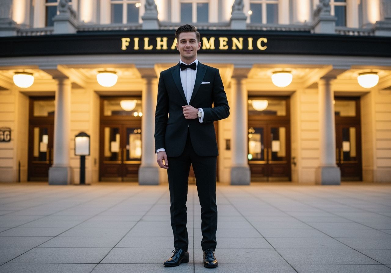 muž v obleku stojící před budovou filharmonie