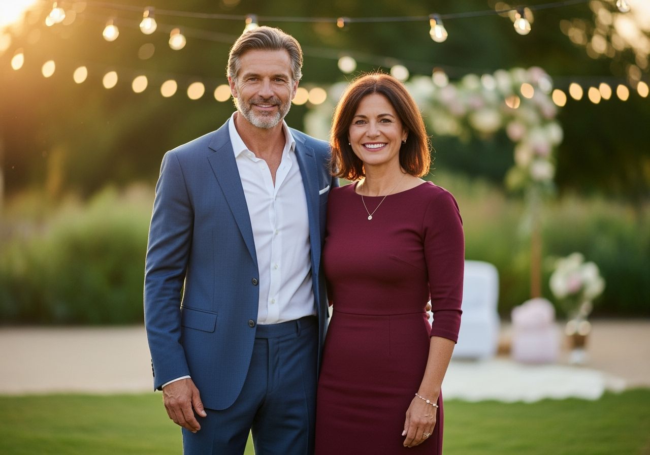 narozeninová oslava páru v zahradě s dekoracemi a hosty užívajícími si společný čas