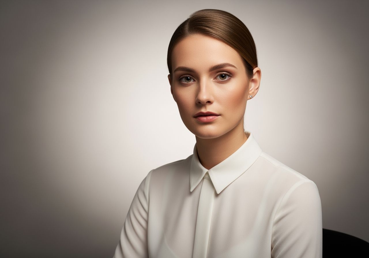 žena v bílé košili, portrét, pohled do kamery, neutrální pozadí