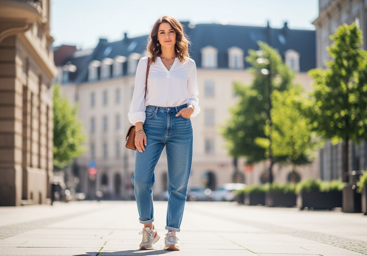 žena ve městě s módním oblečením a úsměvem na tváři