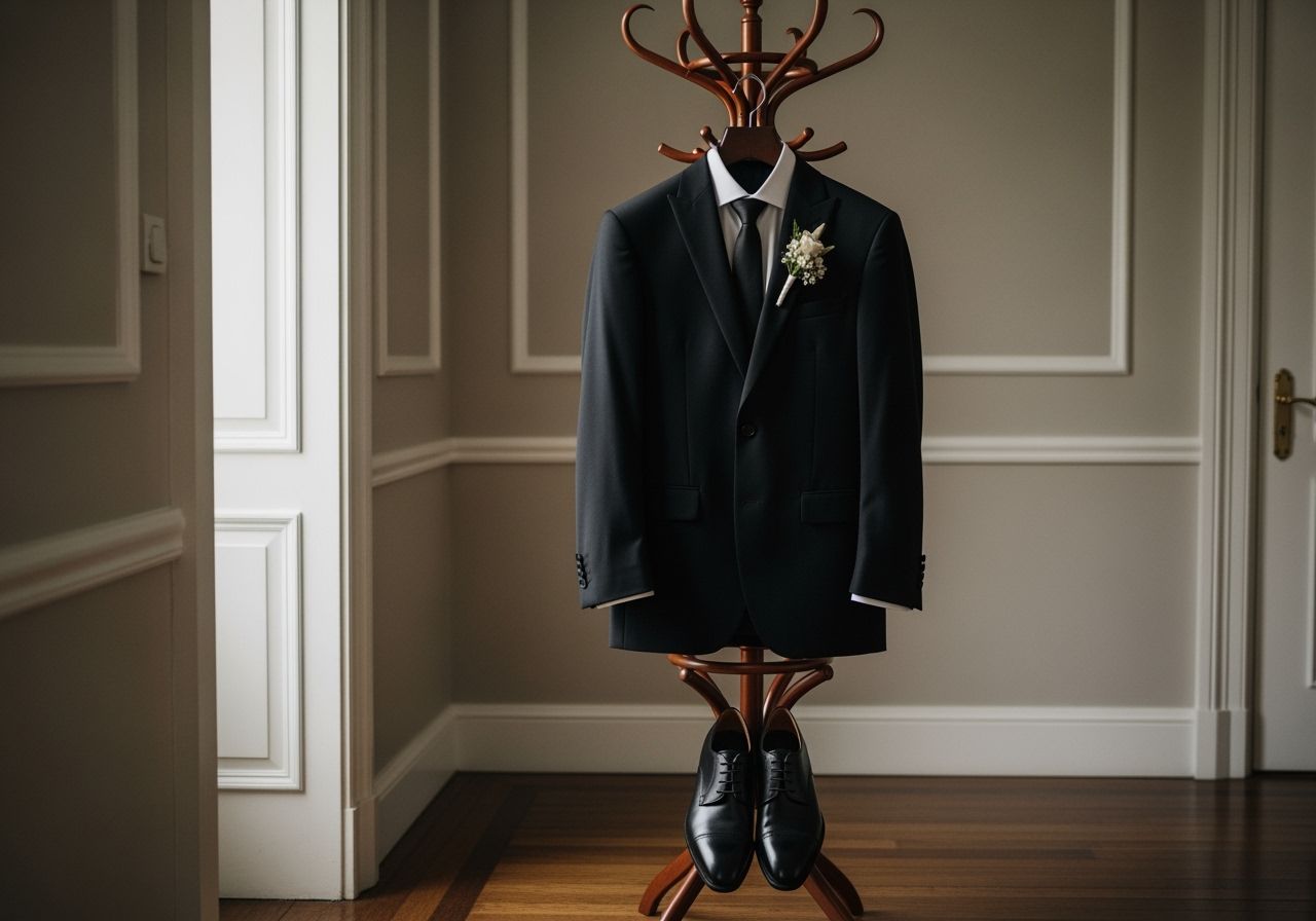 Černý pánský oblek s bílou košilí, černou kravatou a botami připravený na pohřeb na stojanu