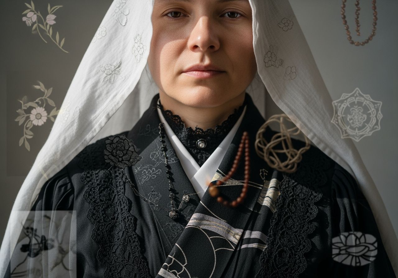 Portrét osoby v tradičním pohřebním oděvu z různých kultur s klidným výrazem tváře.