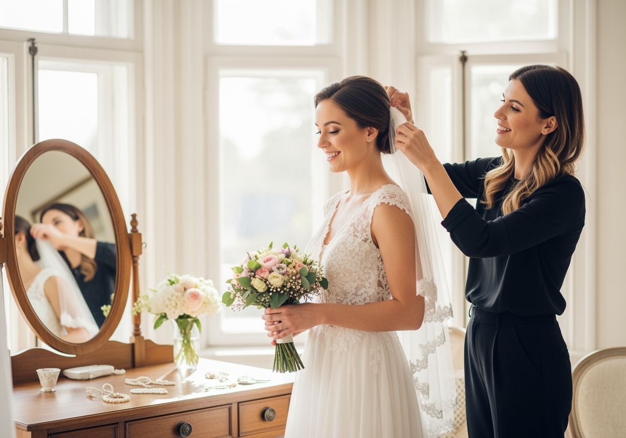 Nevěsta v bílé šatech drží květiny, stylistka upravuje závoj v osvětlené šatně před svatbou