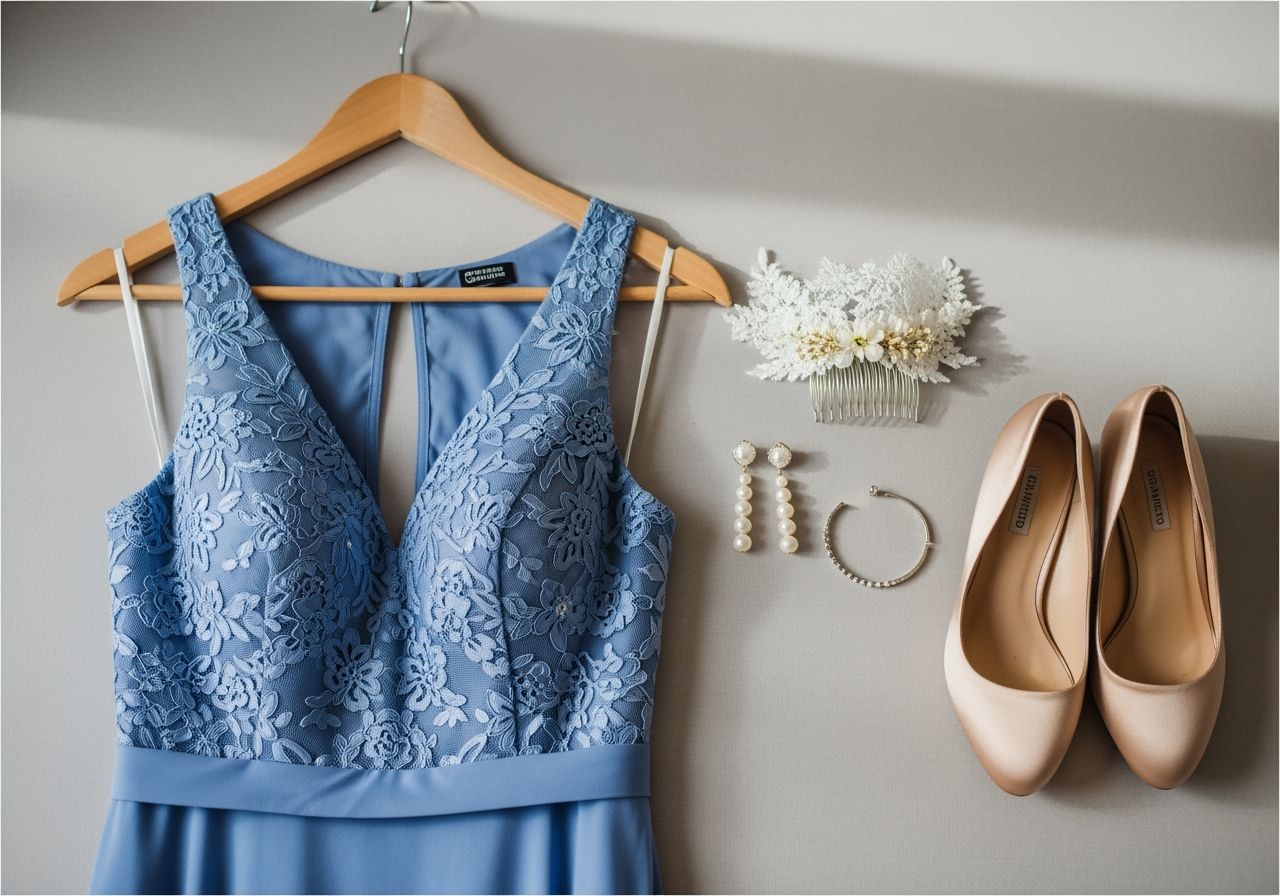 Svatební modré šaty na dřevěném ramínku s perlovými náušnicemi, stříbrným náramkem, krajkovým hřebenem a podpatky.