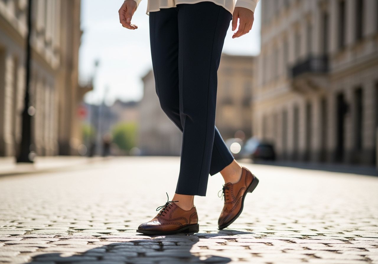 Žena v oxfordských botách na kamenné ulici s městským pozadím v přírodním světle