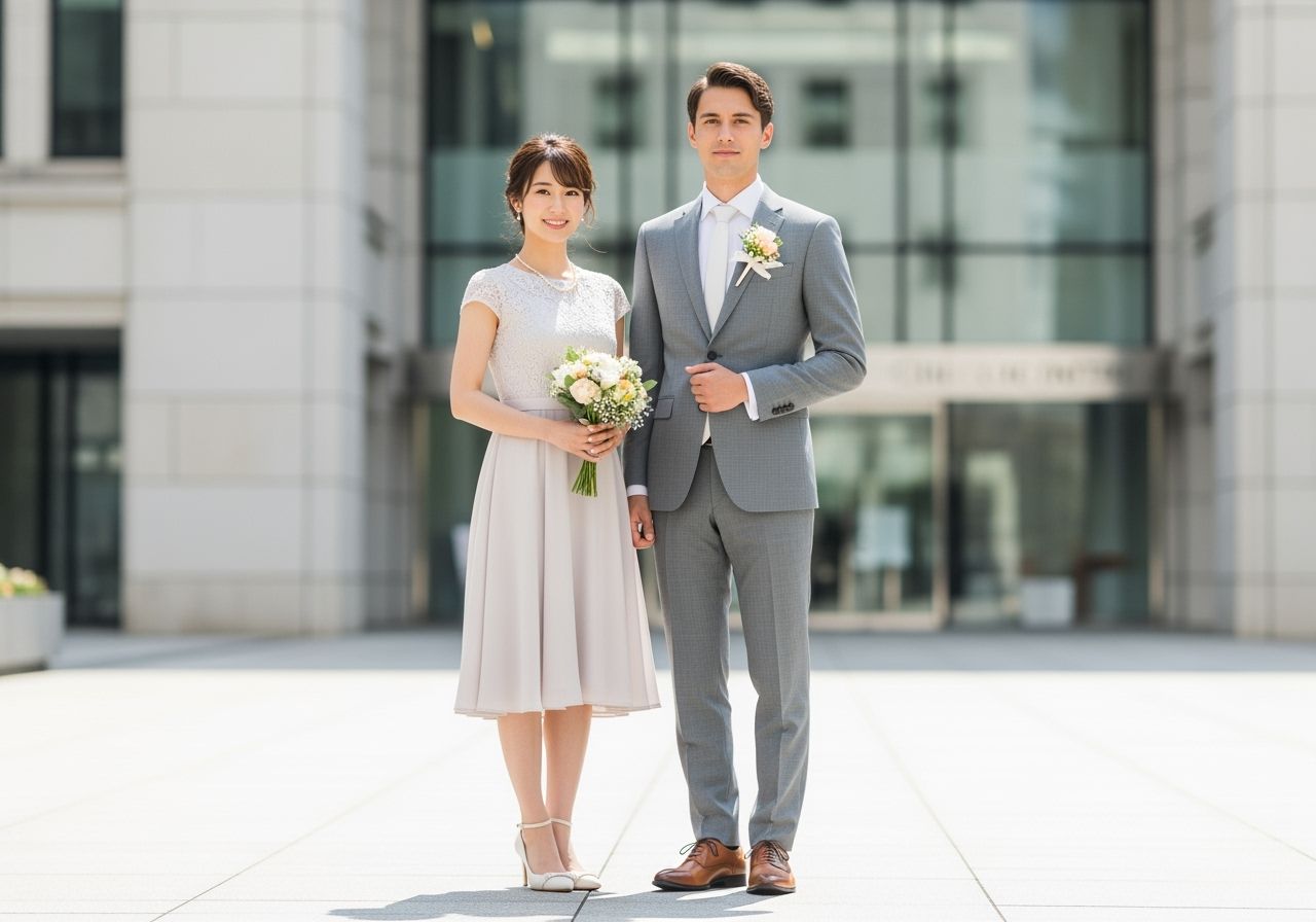 Stylový pár připravený na občanský obřad před moderní radnicí za denního světla