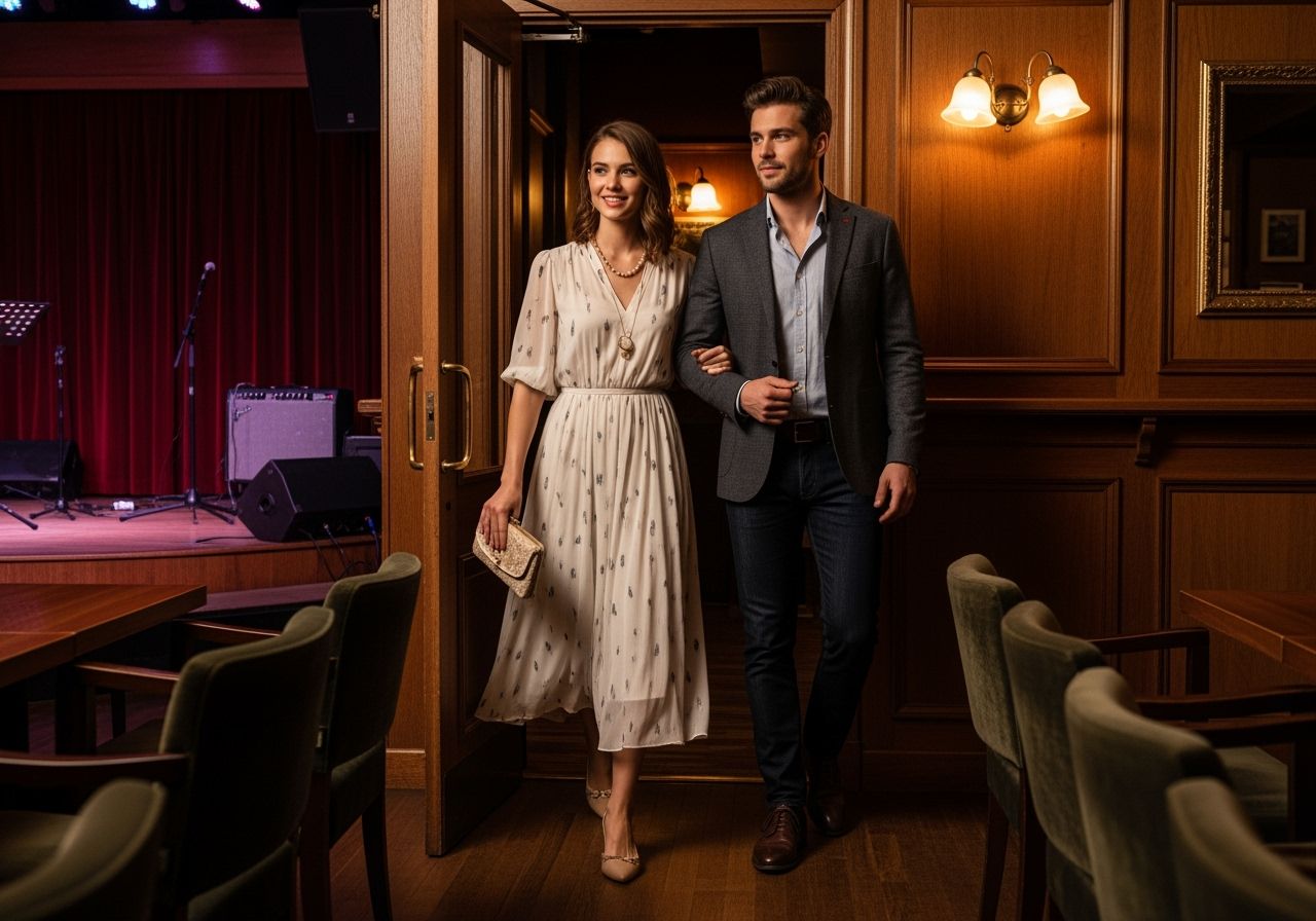 Mladý pár vstupuje do útulného jazzového klubu večer v elegantním, pohodlném oblečení