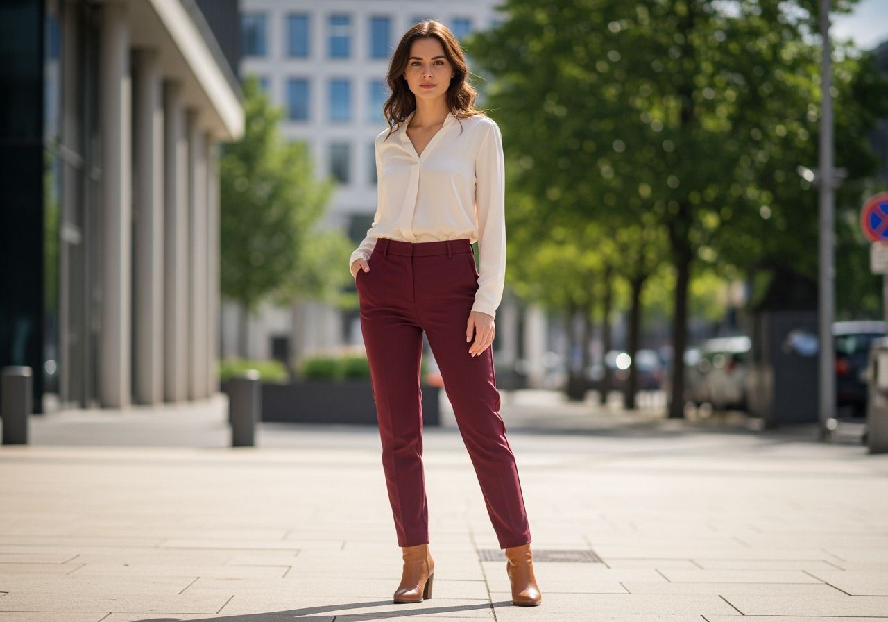 Mladá žena v bordó kalhotách a krémové hedvábné blůze stojí na městské ulici s rozmazaným pozadím.