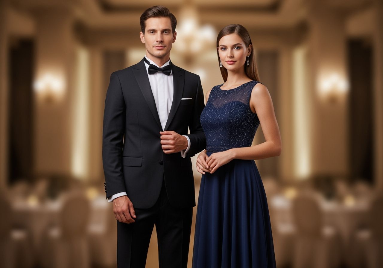 Muž v černém smokingu a žena v tmavě modrých večerních šatech stojí v elegantním salónu.