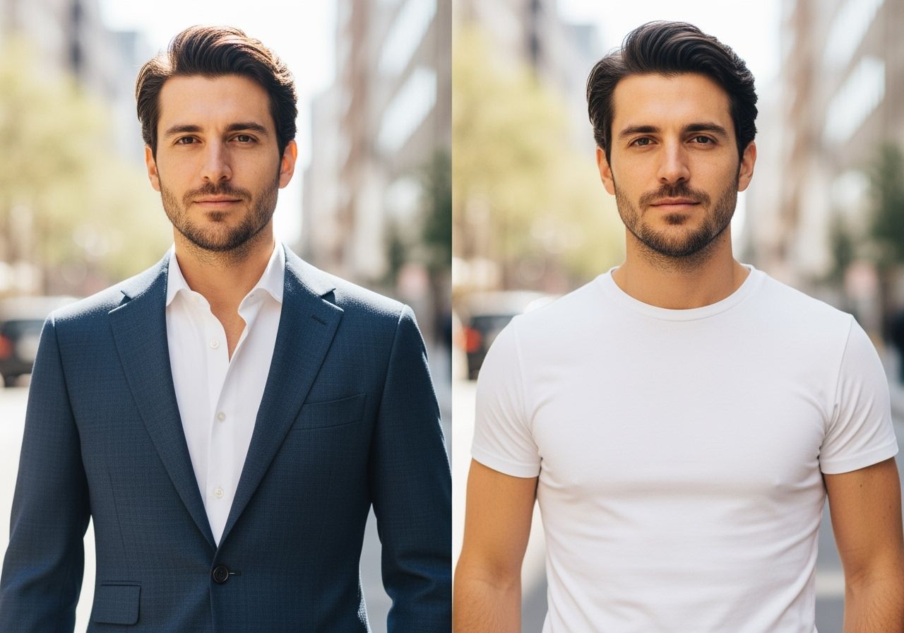 Muž v polovině formálním modrém saku a polovině v bílem tričku na městském pozadí během dne