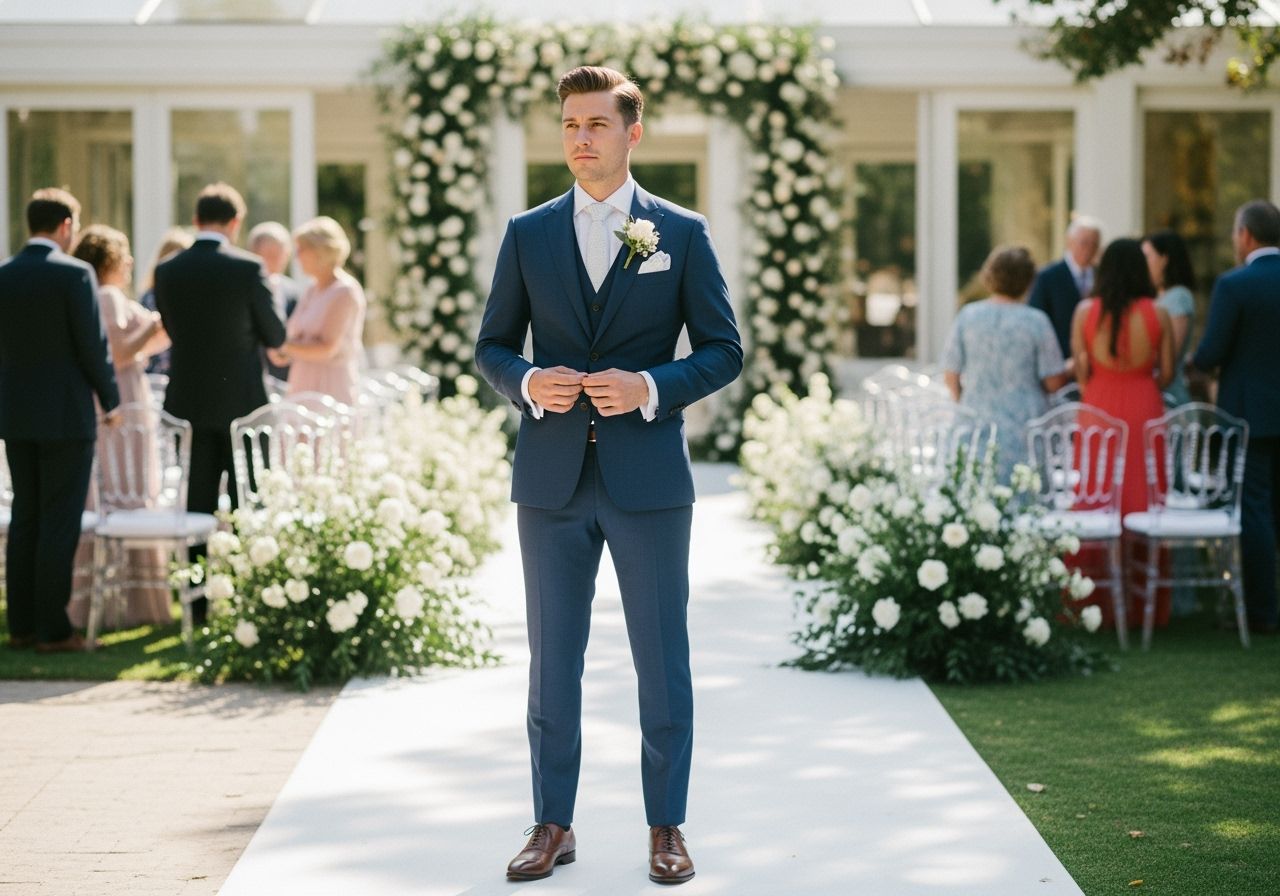 muž v tmavě modrém obleku stojí na svatbě u zdobeného venkovního místa, hosté v pozadí