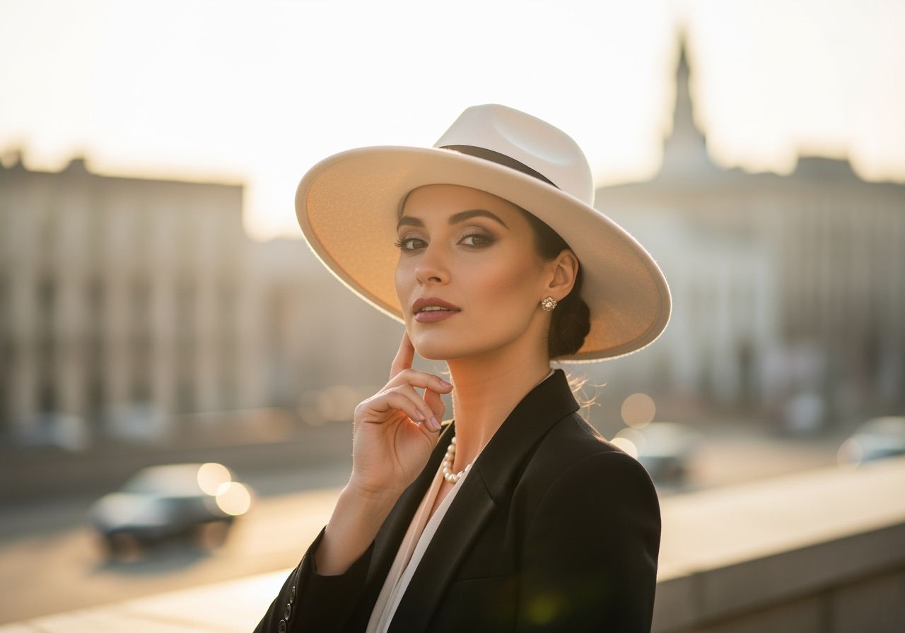 Žena v klobouku pózující ve městě při zlaté hodině s rozostřeným pozadím.