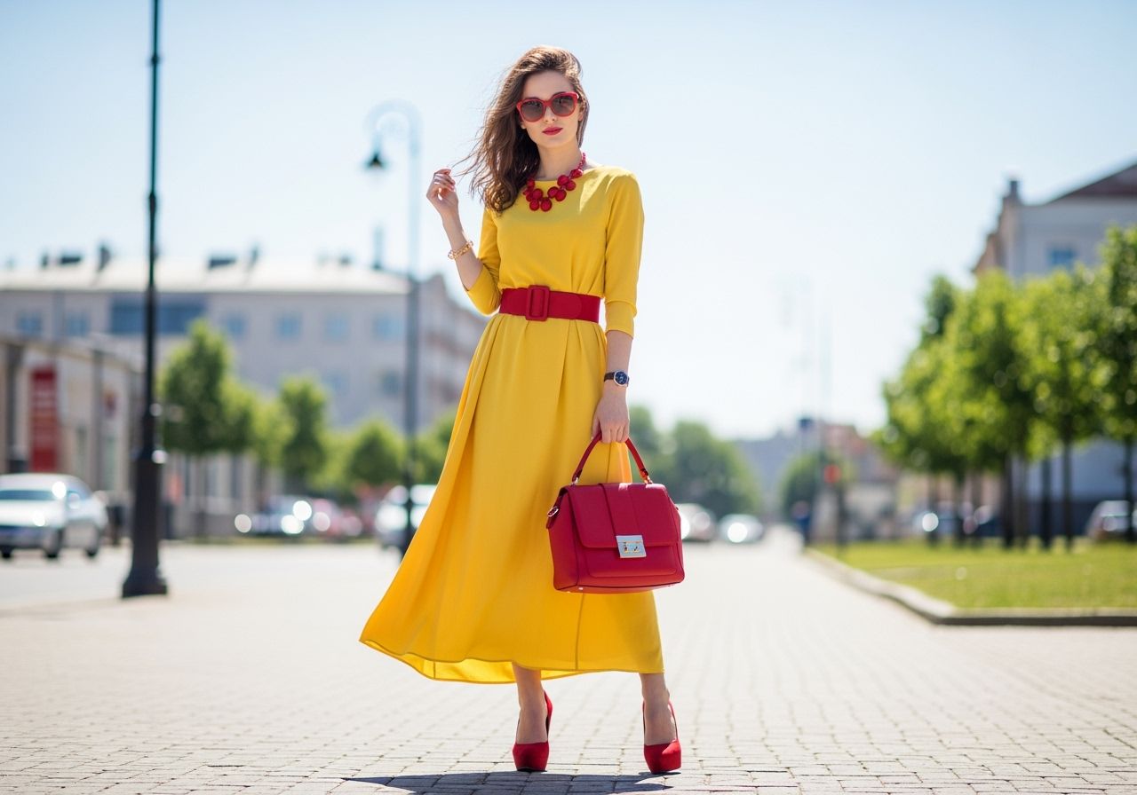 Mladá žena v žlutých šatech s červenými doplňky stojí na slunečné městské ulici.