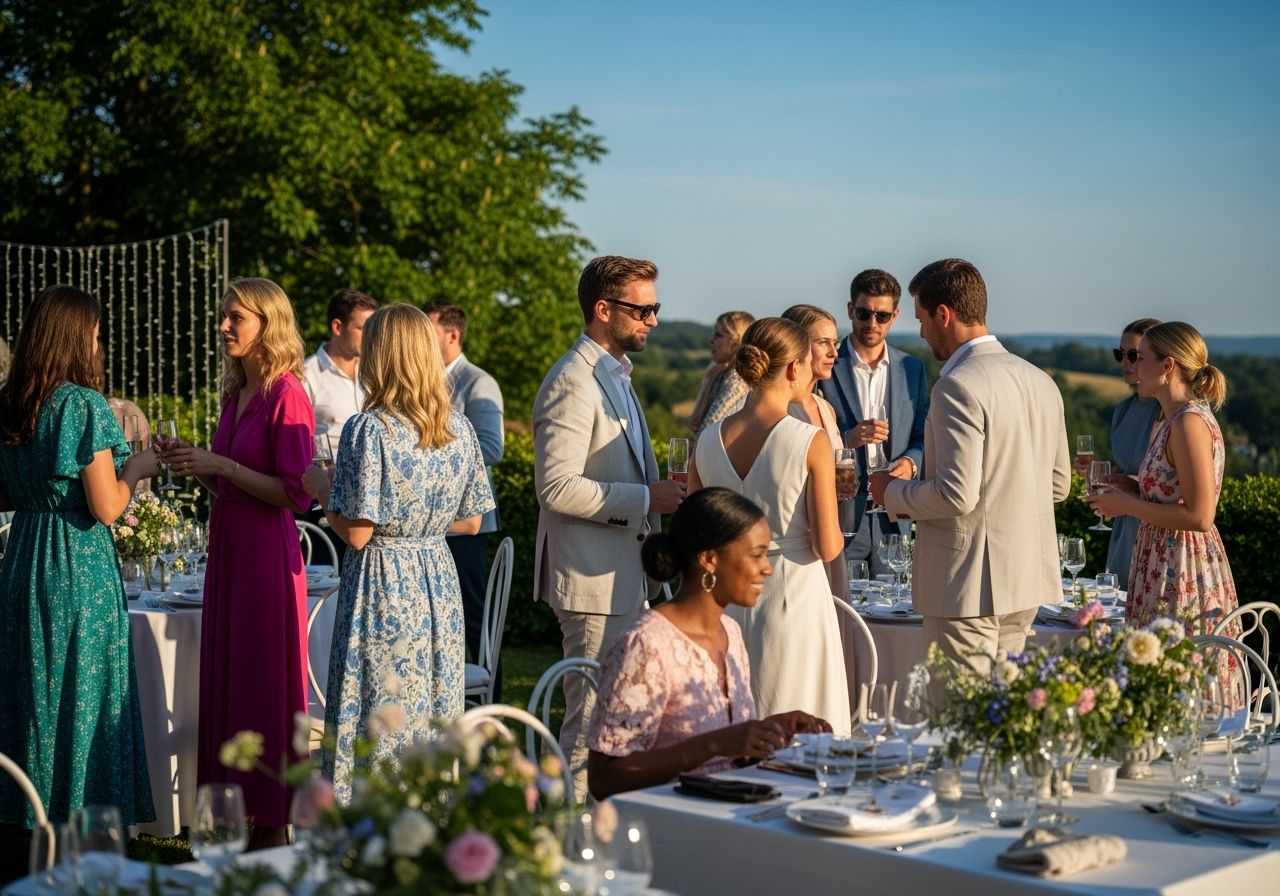 Elegantní venkovní svatební recepce s hosty na zahradní terase za měkkého odpoledního světla