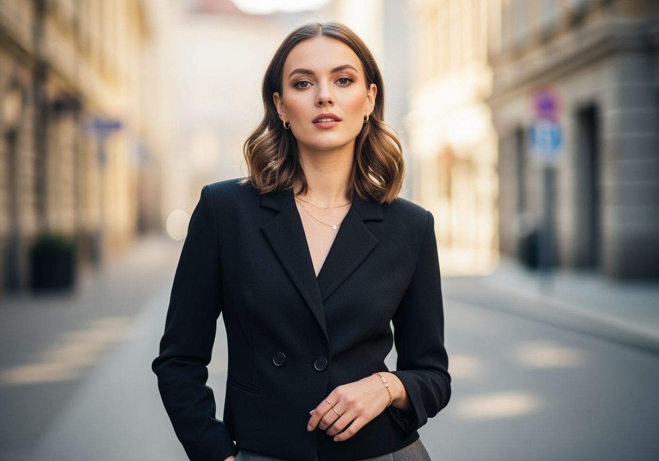 Mladá žena v krátkém žaketu a kalhotách na rozostřené městské ulici v přirozeném světle.