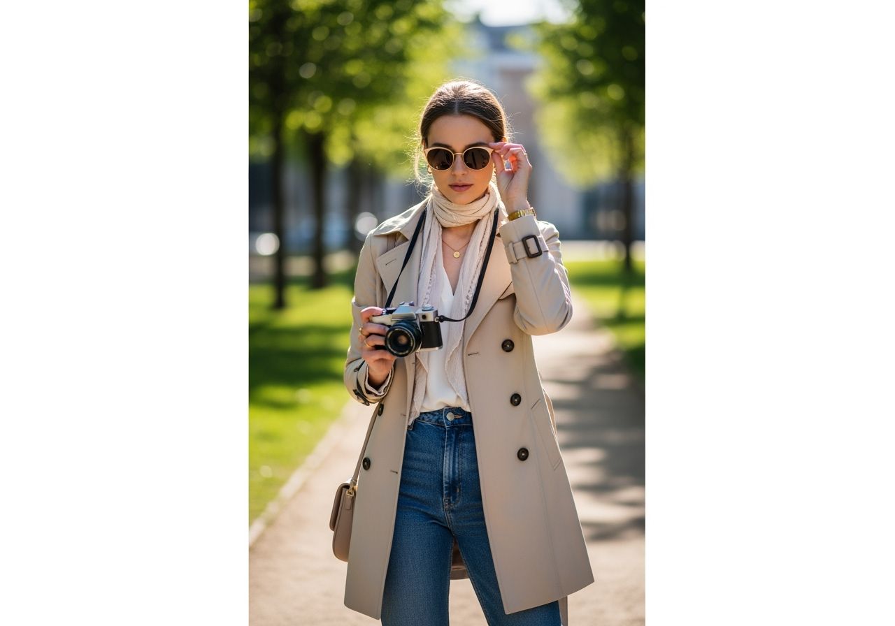 Mladá žena v béžovém kabátu s vintage fotoaparátem stojí v městském parku za slunečného dne.