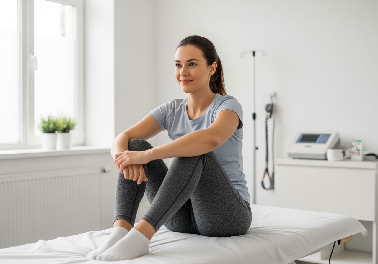 Mladá žena v pohodlném oblečení sedí v moderní fyzioterapeutické klinice připravená na terapii