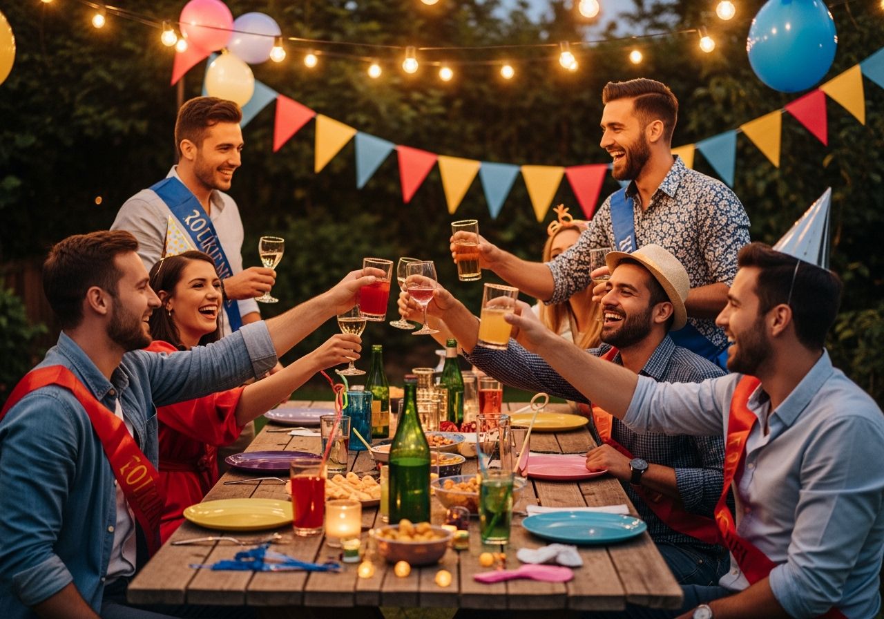 Skupina přátel slaví rozlučku se svobodou na venkovní zahradě s dekoracemi a osvětlením.