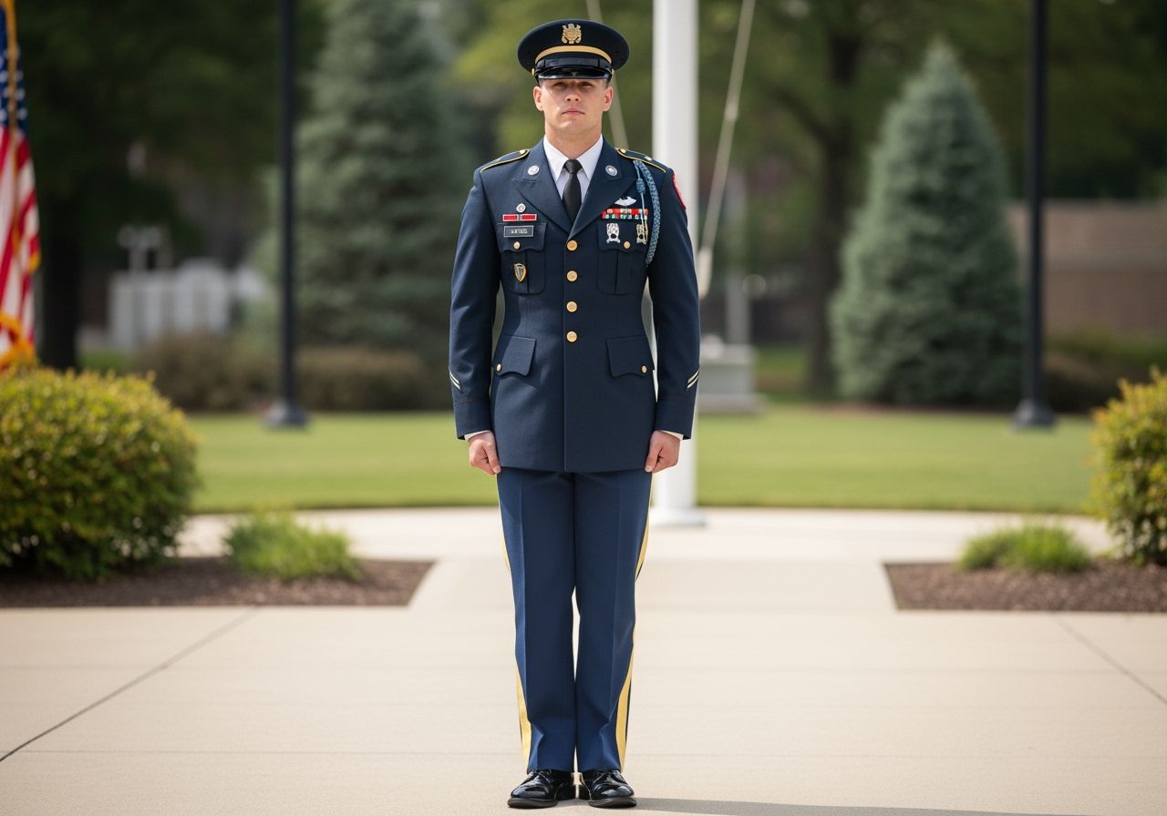 Mladý voják v uniformě stojí vzpřímeně na pozadí vojenského areálu s vlajkou.