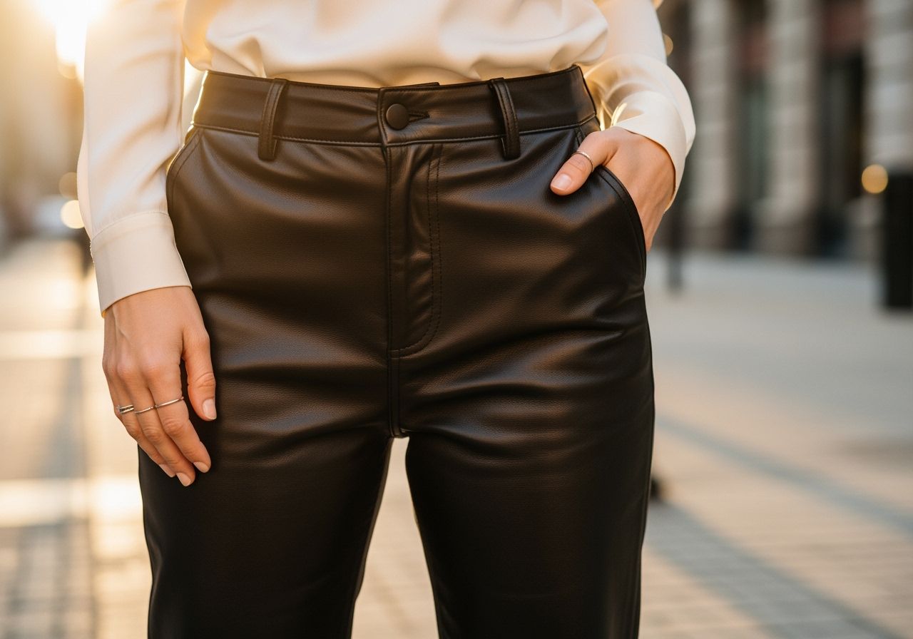 Černé kožené kalhoty na ženě v městském prostředí během zlaté hodiny.