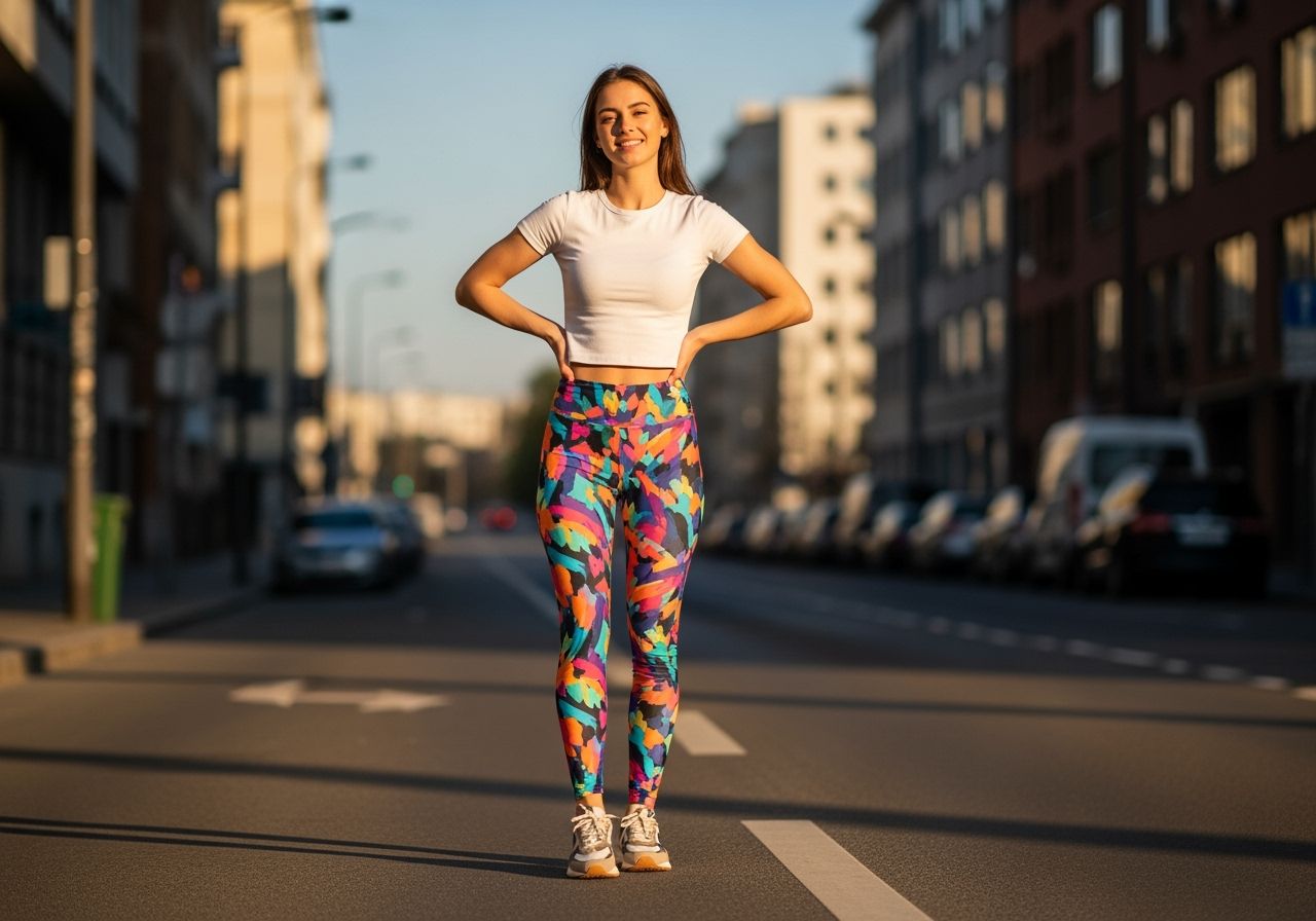 Mladá žena ve městě v pestrých legínách a bílém tričku během zlaté hodiny.