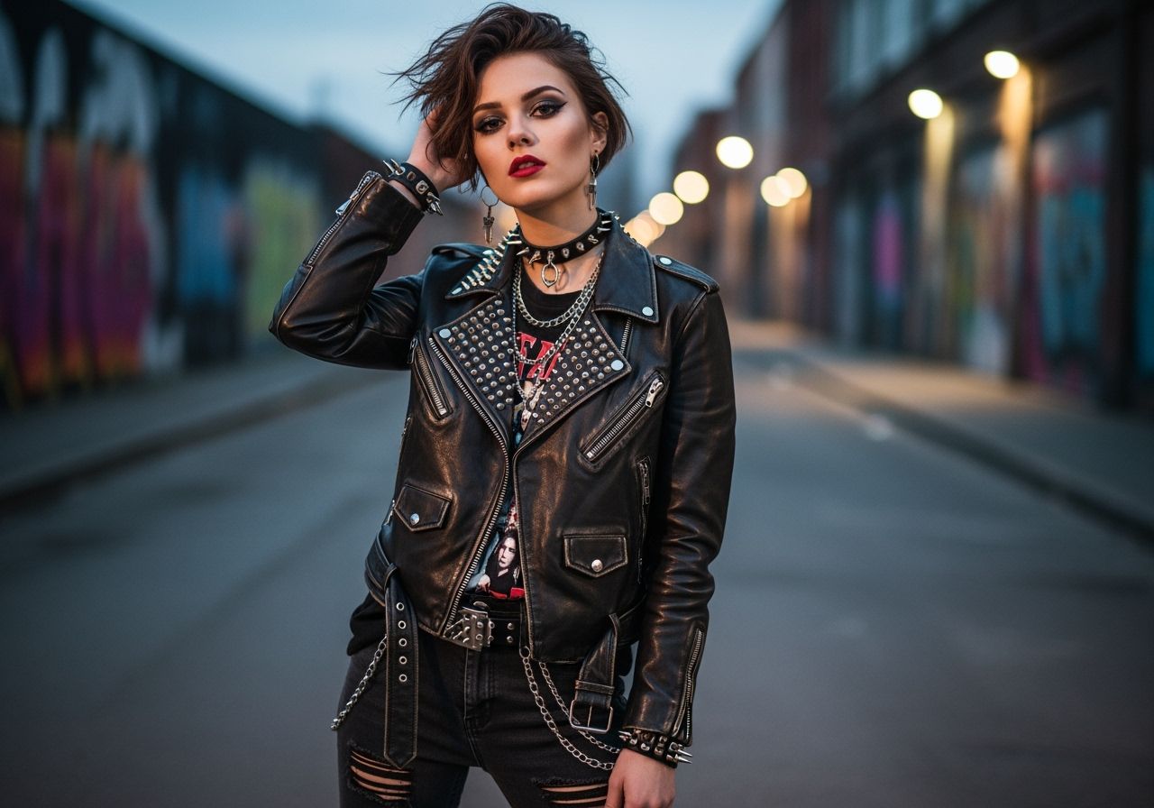 Mladá žena v černé kožené bundě Ramoneska na městské ulici za soumraku s punkovým stylem