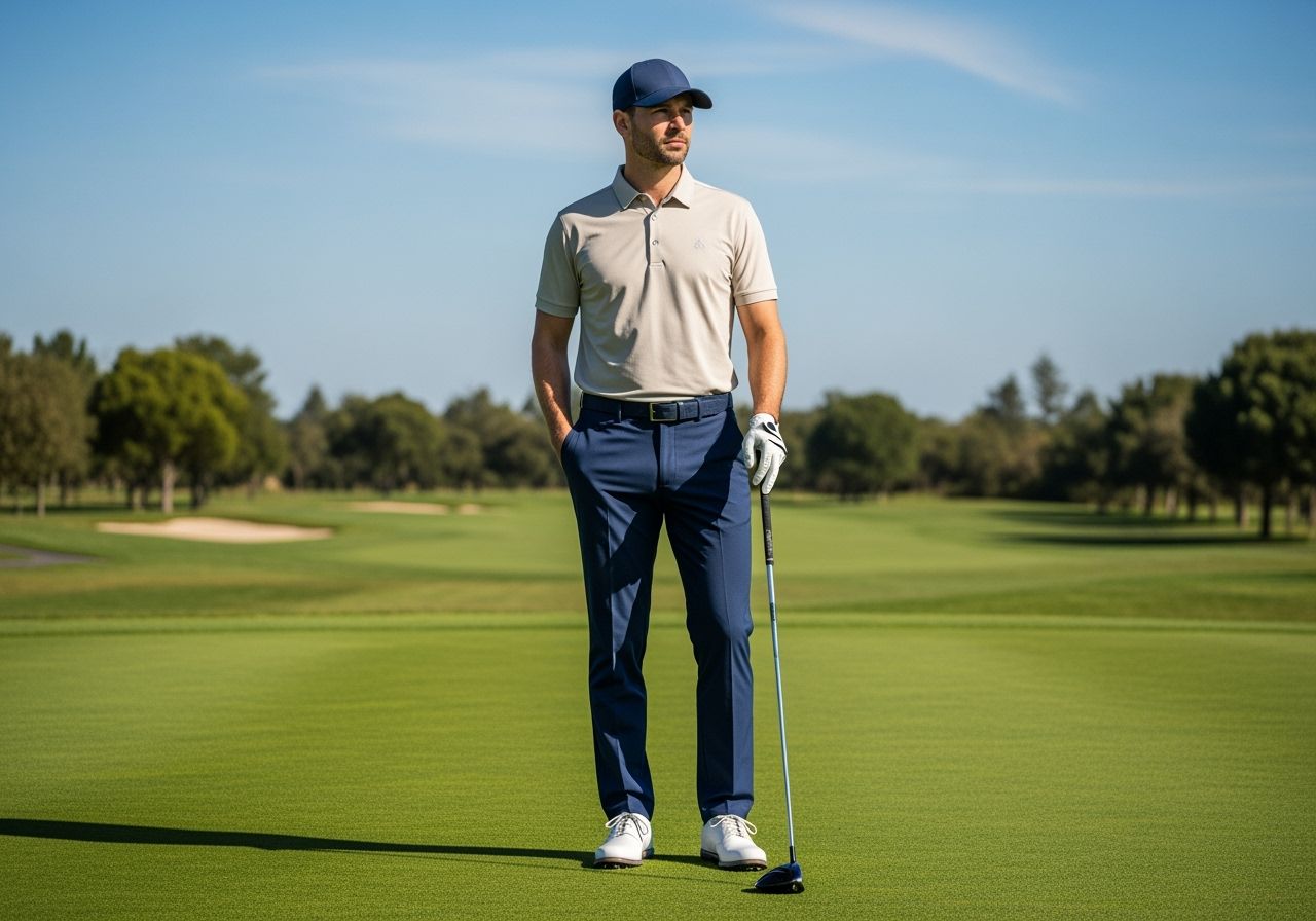 Stylový golfista na zeleném hřišti drží golfovou hůl za jasného modrého nebe.