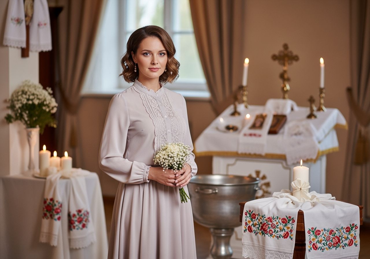Stylová kmotra v pastelové blůze držící kytici při křtu v tradičním interiéru s křestními prvky.