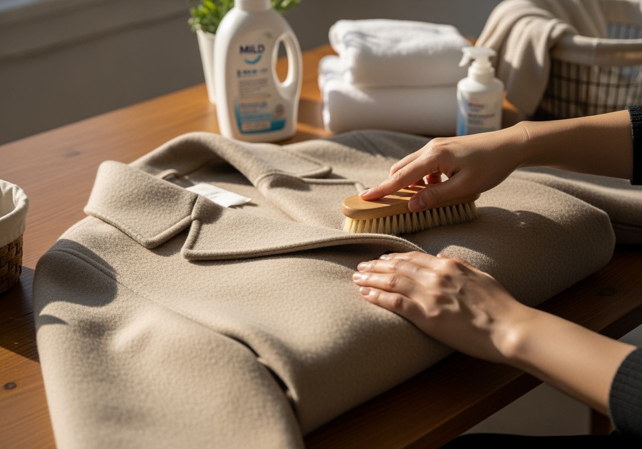 Přesná fotografie péče o vlněný kabát s kartáčem a pracími prostředky na dřevěném stole.