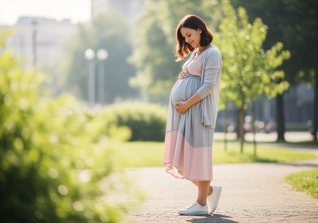 Těhotná žena v pastelových šatech drží břicho v parku, oblečená v pohodlném outfitu a bílých teniskách