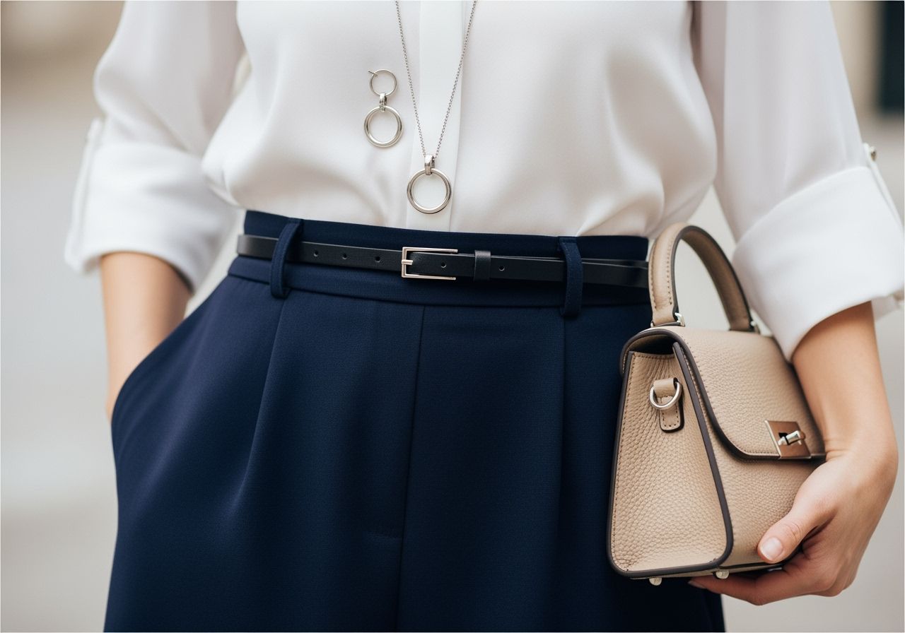 Žena v tmavě modré sukni s stříbrným náhrdelníkem, kruhovými náušnicemi, černým opaskem a béžovou kabelkou.