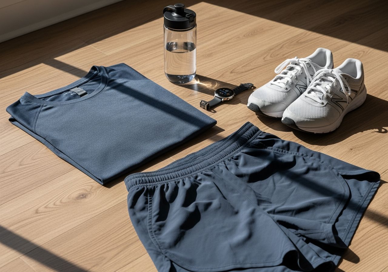 Sportovní oblečení na test srdeční zátěže: tričko, šortky, tenisky, láhev s vodou a chytré hodinky.