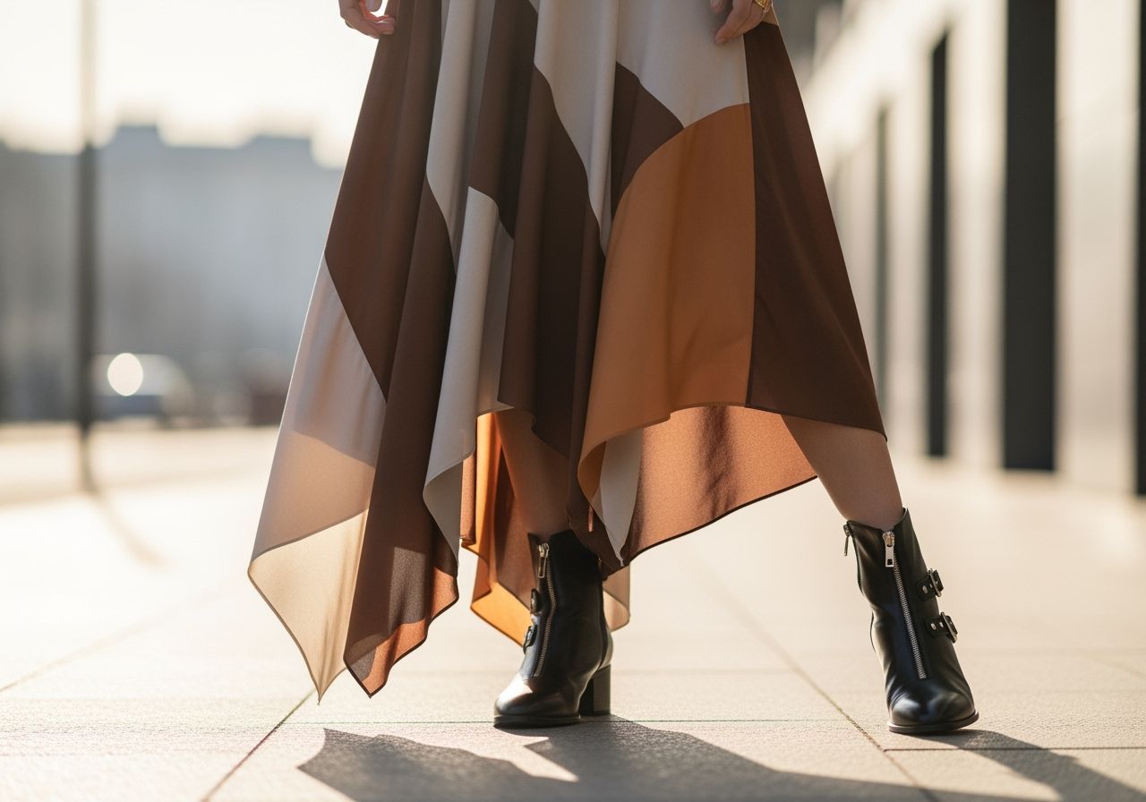 Žena v asymetrické sukni a stylových kotníkových botách na rozostřeném městském pozadí