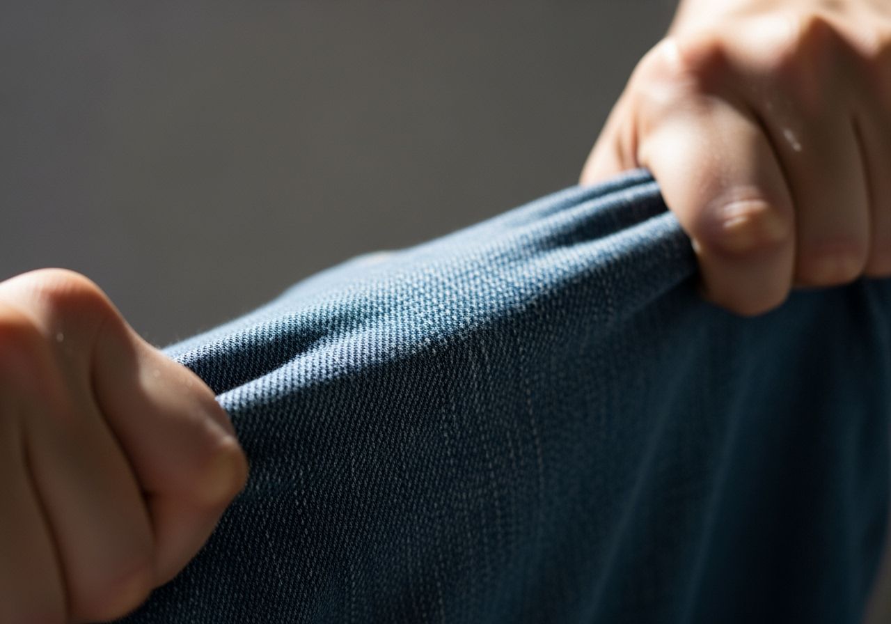 Detailní záběr na ruce natahující džíny ukazující texturu látky na neutrálním pozadí.