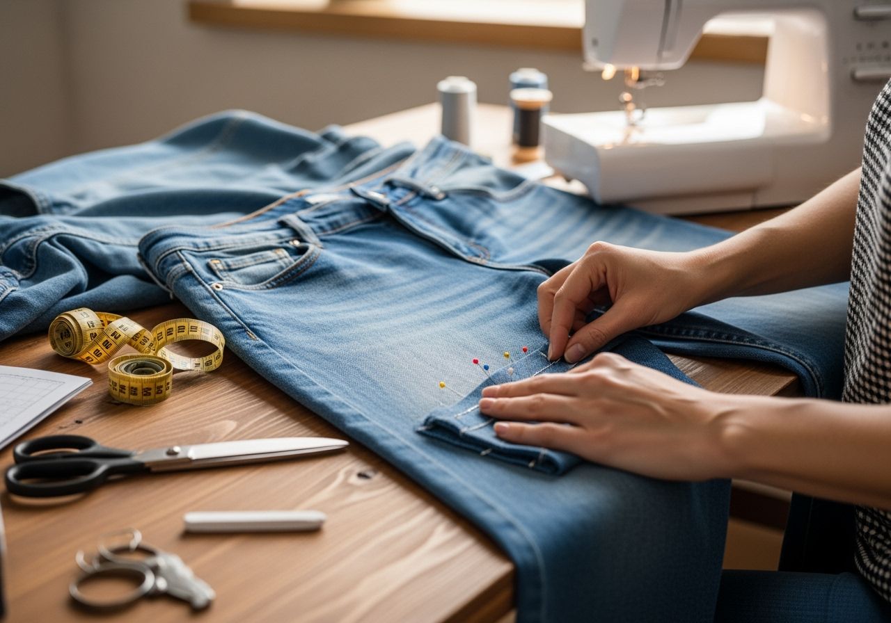 Pracovní stůl s modrými džínami a šicím náčiním při úpravě oděvu.