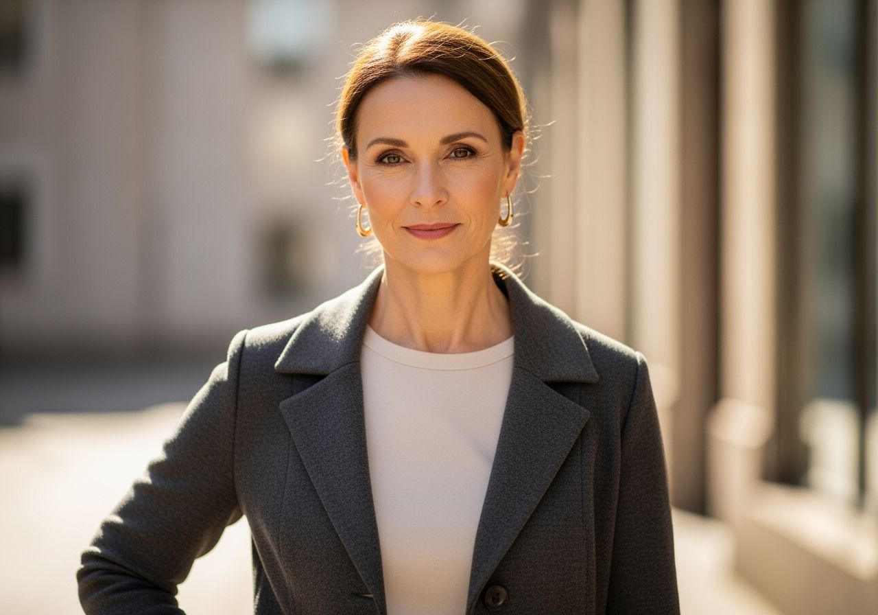 Elegantní žena středního věku venku s jemným líčením a přirozeným úsměvem v moderním oblečení