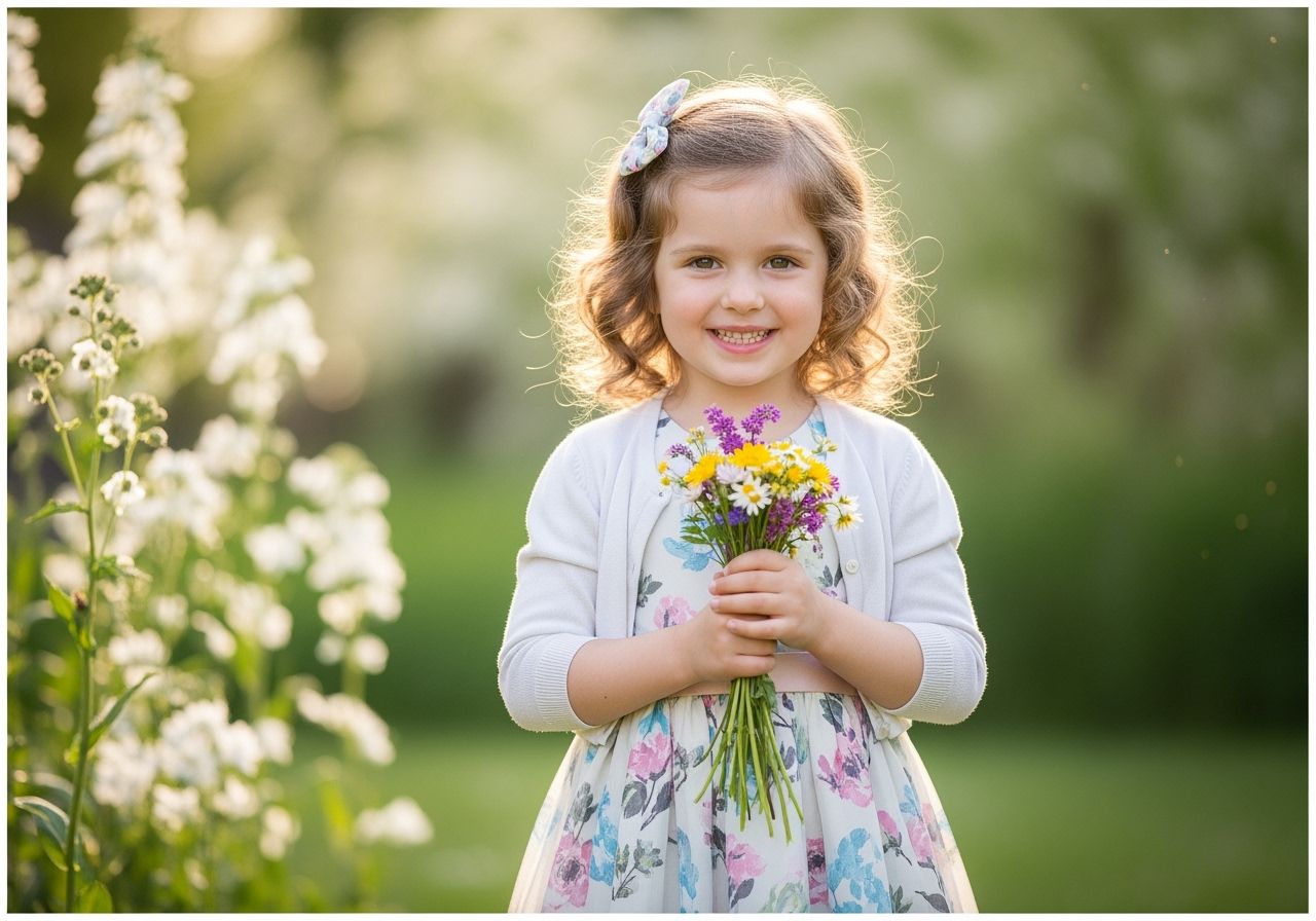 Usměvavá dívka s kadeřemi a květinovou kytičkou v pastelových šatech v zahradě při přirozeném světle