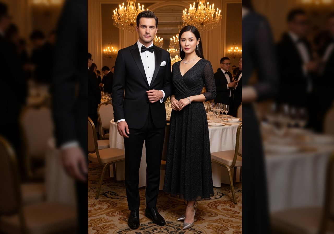 Elegantní pár na plesném večírku v luxusní síni s osvětlenými lustry a slavnostně prostřenými stoly