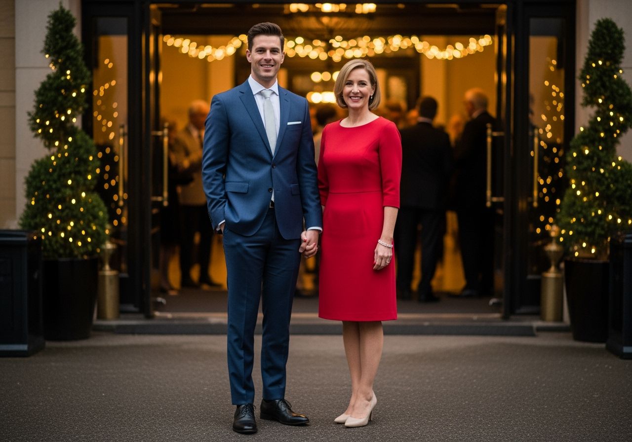 Muž v modrém obleku a žena v červených šatech na večerní oslavě výročí svatby drží se za ruce.