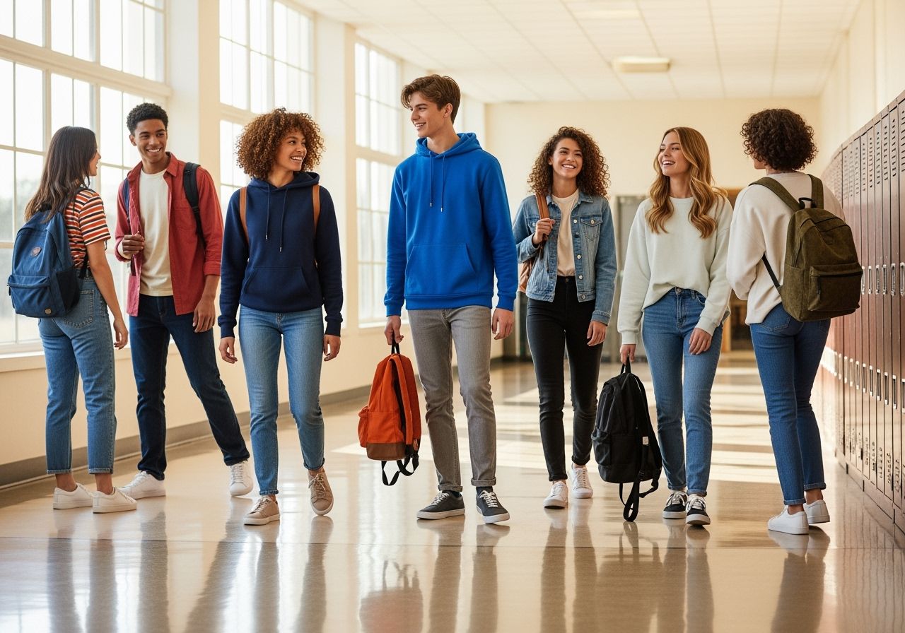 Skupina teenegerů ve školní chodbě v pohodlném oblečení, komunikující a usmívající se.