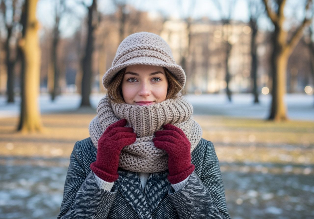 Mladá žena v zimním parku v pletené nákrčníku, zimním kabátu a klobouku, přirozené světlo