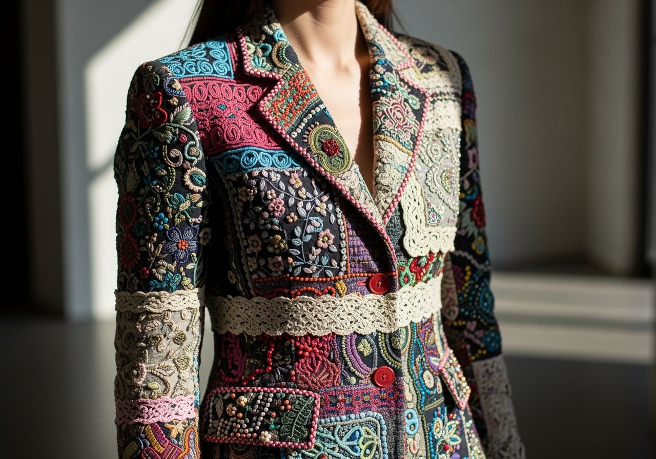 Stylová dáma v saku s barevnou výšivkou a korálky v moderním interiéru, detail na textury a ozdoby.